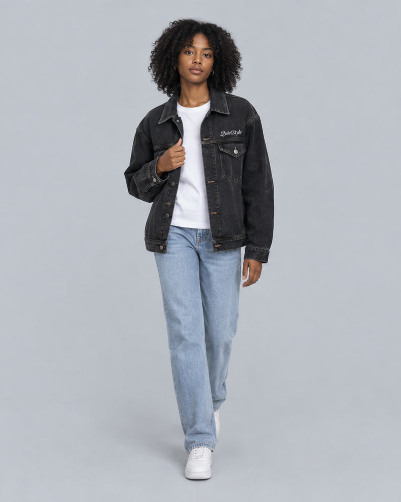 Black denim jacket with the London skyline on the back